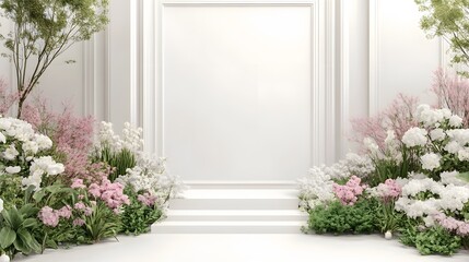 
3d realistic white display on flower garden, white background