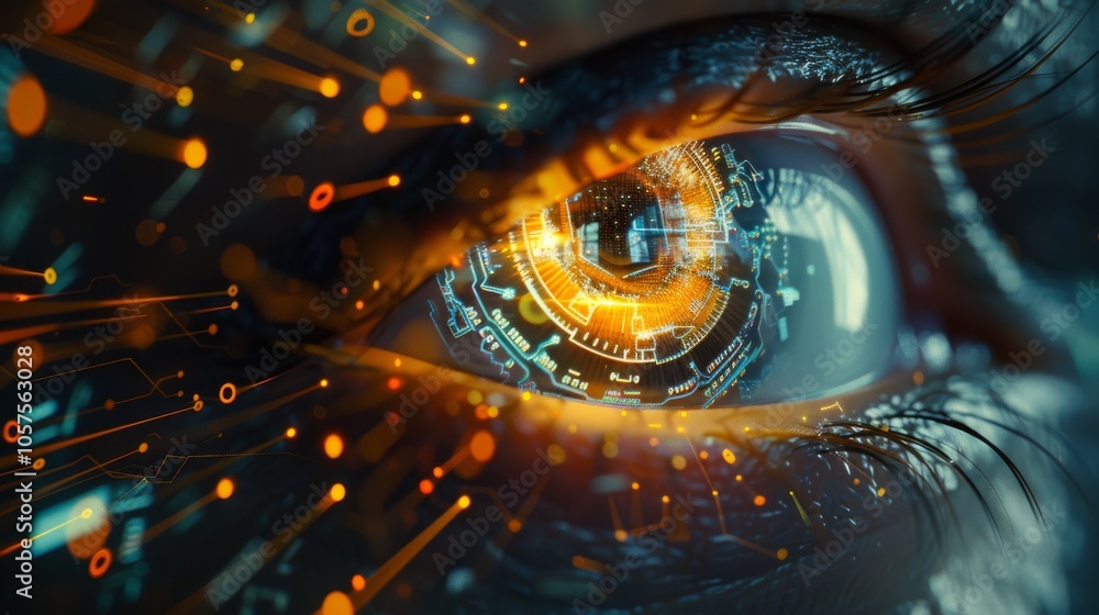 Aufkleber Detailed image of a cybernetic eye with a complex network of microchips and a luminous iris, set against a simple background