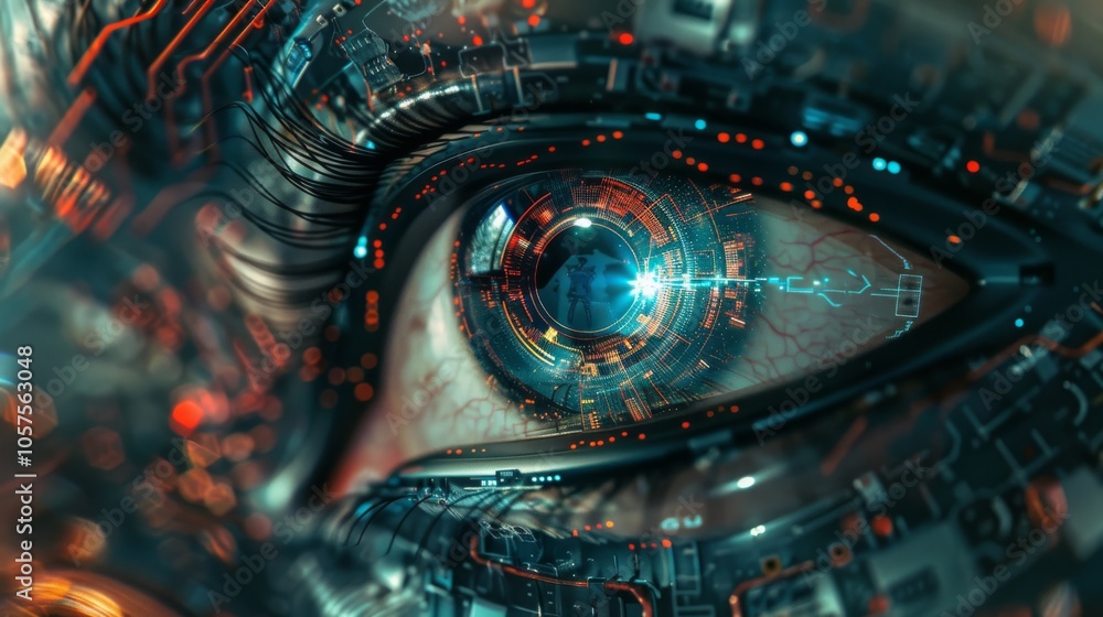 Poster detailed view of a cybernetic eye with a high-definition display and elaborate circuitry, set agains
