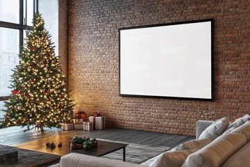 Cozy living room decorated for the holidays with a Christmas tree and a blank screen for movie nights