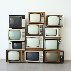 Arrangement of retro television sets stacked on the floor, isolated against a white background with...