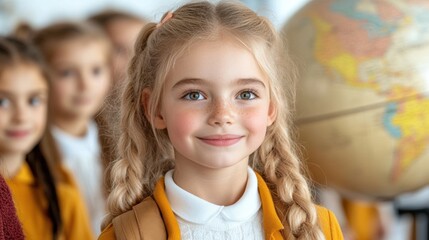 Smiling young girl with braided hair stands in a classroom near a globe, AI