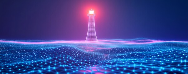Neon Lighthouse on Abstract Digital Landscape.
