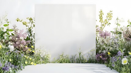 
3d realistic white display on flower garden, white background