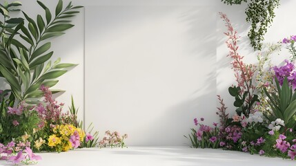 Fototapeta premium 3d realistic white display on flower garden, white background