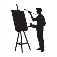 Minimalist silhouette of a painter creating art on a canvas on a white&nbsp;background 