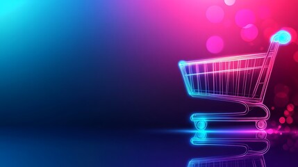 Neon shopping cart on a dark background.