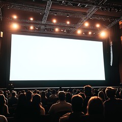 Large white display screen positioned on stage, intended for business presentation exhibits