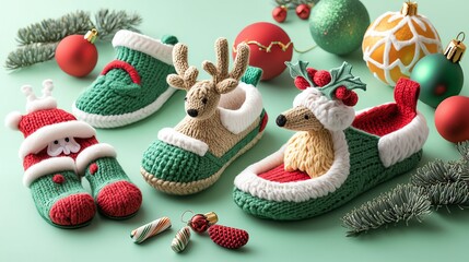 Christmas slippers shaped like reindeer and elves, surrounded by holiday ornaments