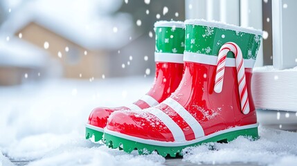 Christmasthemed rain boots with red and green candy cane stripes on a snowy porch
