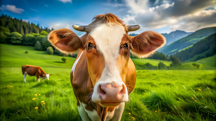 cow in the meadow, swiss mountains and fields