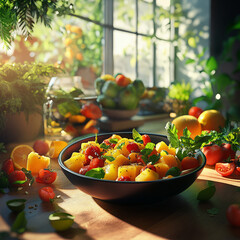 Vibrant Fruit Salad in Sunlit kitchen with Fresh Produce, Lush Greenery and Warm Natural Light  Ambiance.