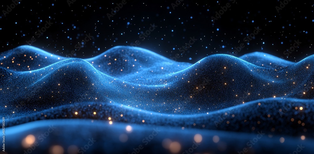 Poster a futuristic waveform dot connecting network with a high-tech circuit frame. concepts of digital com