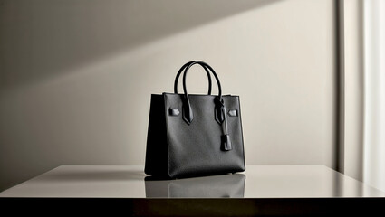 Black woman bag on white table.