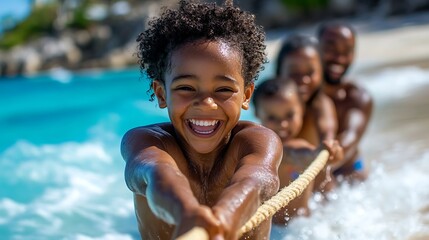 Joyful family beach day fun in the water with kids and laughter