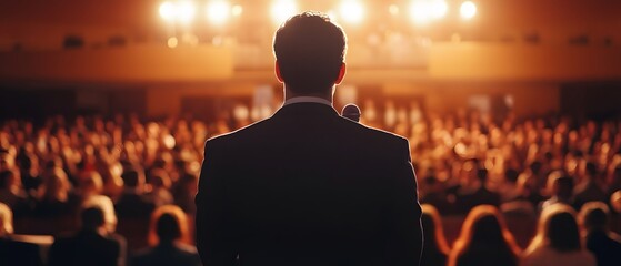 Speaker on Stage Addressing Large Audience