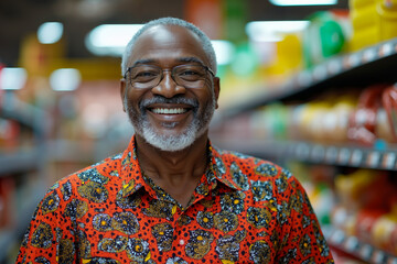 Fototapeta premium A smiling older man wearing glasses and a colorful shirt in a grocery store
