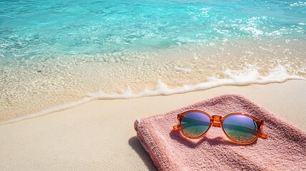 Relaxing on the beach sunglasses and soft sand by the waves