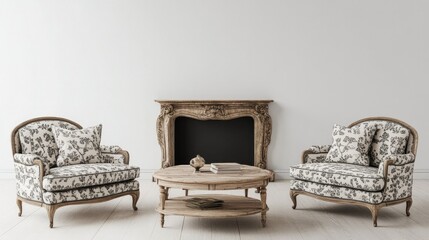 French country-style living room with a cozy sofa and two armchairs, placed near a vintage fireplace on a plain white background