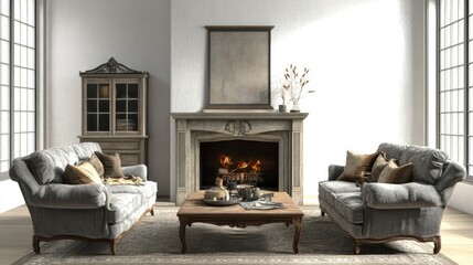 French country-style living room with a cozy sofa and two armchairs, placed near a vintage fireplace on a plain white background