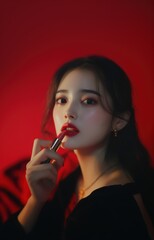 Young woman applying red lipstick against a bold red backdrop