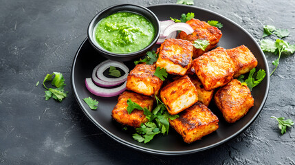 Crispy paneer pakora served with green chutney and garnished with onions
