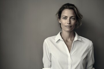 Obraz premium Portrait of a satisfied woman in her 40s wearing a simple cotton shirt while standing against bare monochromatic room