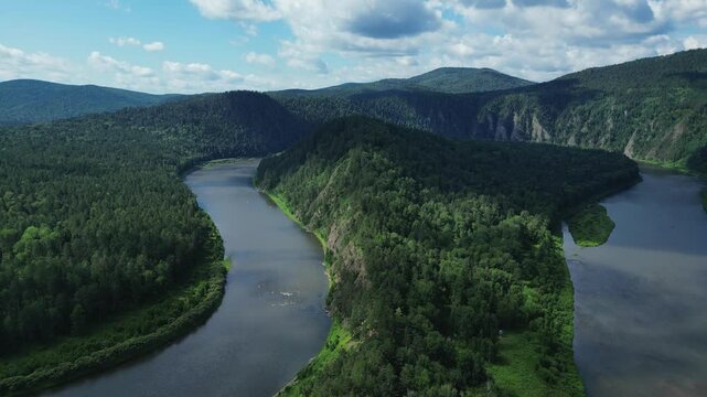 A high-angle drone footage of the beautiful Mana river in siberia, Russia
