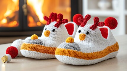 Handknit Christmas slippers with reindeer designs and pompoms, lying by the fireplace