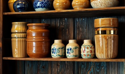 A wooden shelf with various decorative jars and vases and shelf is made of dark wood and has a rustic design.