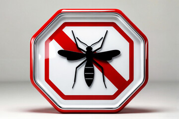 3d render of red stop circle with a white border containing a black silhouette of a mosquito