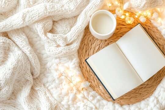 Balanced lifestyle through digital detox and reduced screen time concept. A cozy scene featuring an open blank notebook and a cup on a textured surface surrounded by soft fabric and warm lights