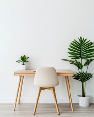Balanced lifestyle through digital detox and reduced screen time concept. A minimalist workspace featuring a light wooden desk a soft chair and lush green plants against a blank white wall