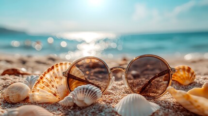 Stylish sunglasses resting on seashells at a sunny beach