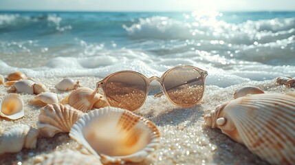 Chic sunglasses resting amidst seashells on a sunny beach