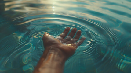 Gentle hand hovering over tranquil water, creating soft ripples and reflecting warm sunlight. The scene exudes calmness and connection with nature, emphasizing serenity and mindfulness