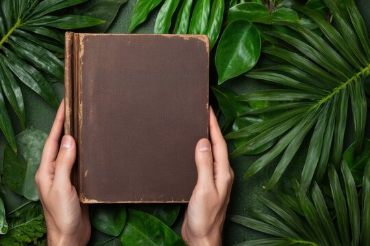 Balanced lifestyle through digital detox and reduced screen time concept. A hands-held vintage book amidst lush green leaves creating a serene and natural atmosphere