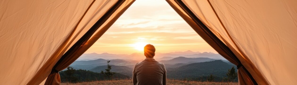 Balanced lifestyle through digital detox and reduced screen time concept. A person enjoys a scenic sunset view from inside a tent surrounded by mountains and nature evoking tranquility and adventure