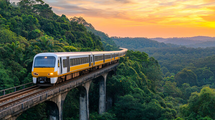 Fototapeta premium train cruising through lush green hills at sunset, creating serene view