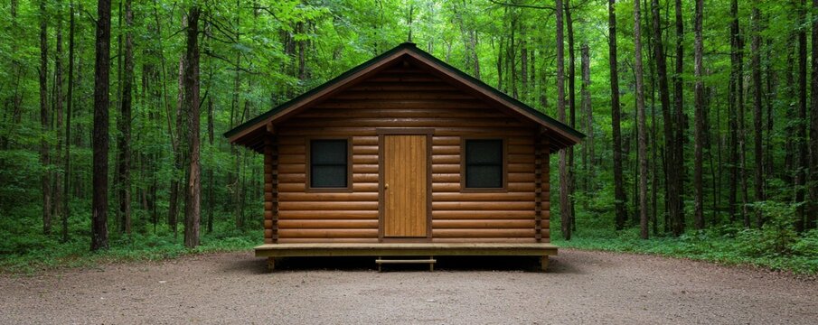 Balanced lifestyle through digital detox and reduced screen time concept. A rustic log cabin nestled in a lush green forest surrounded by nature providing a serene and tranquil atmosphere