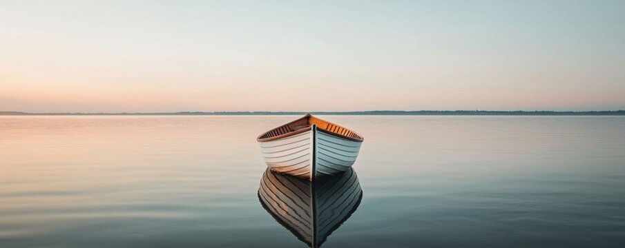 Balanced lifestyle through digital detox and reduced screen time concept. A serene boat anchored on calm waters reflecting the soft hues of the sunrise creating a tranquil atmosphere