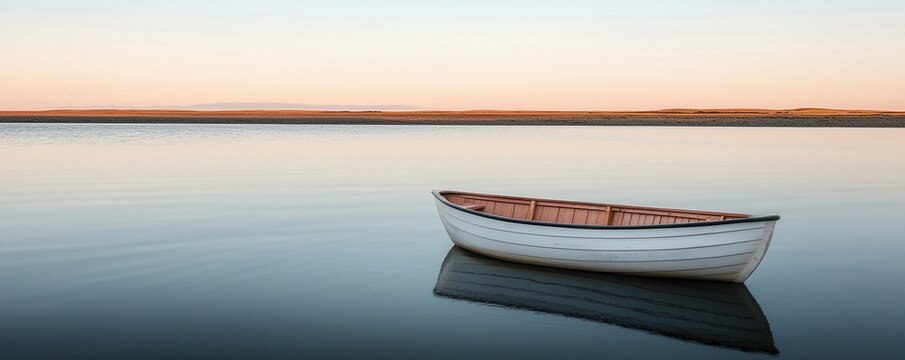 Balanced lifestyle through digital detox and reduced screen time concept. A serene boat floats on calm waters during sunset reflecting soft colors of the sky in a tranquil setting