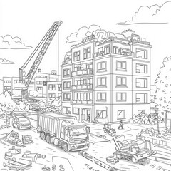 Naklejka premium A busy construction site with trucks and workers, coloring page for kids, simple outline illustration. Coloring book, simple lines.