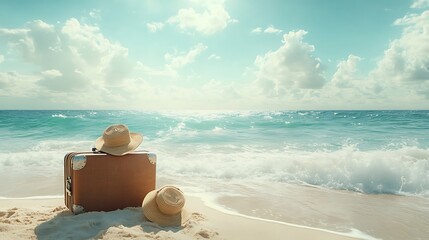 Serene beach getaway with luggage and sun hats by the ocean