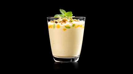 Refreshing glass of lassi topped with nuts and mint leaves