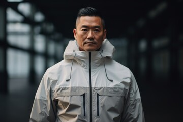 Naklejka premium Portrait of a glad asian man in his 40s wearing a functional windbreaker isolated on bare monochromatic room