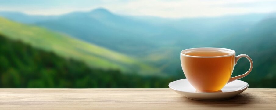 Balanced lifestyle through digital detox and reduced screen time concept. A serene landscape showcases a cup of tea on a wooden table overlooking lush green mountains under a soft cloudy sky