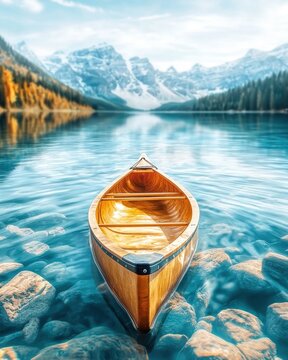 Balanced lifestyle through digital detox and reduced screen time concept. A serene wooden boat floats on crystal-clear water