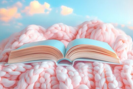 Balanced lifestyle through digital detox and reduced screen time concept. An open book rests on a cozy pink knitted blanket with a soft sky backdrop evoking a serene and inviting reading atmosphere