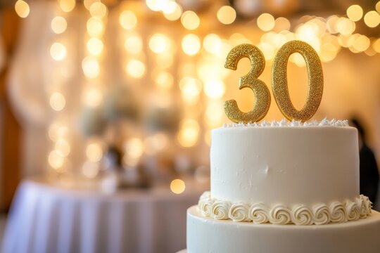 30th birthday cake adorned with gold accents. Birthday party. Blurred light festive background. Golden balloons. Thirty years or thirtieth anniversary. Celebration cake with golden candles. Numbers 30